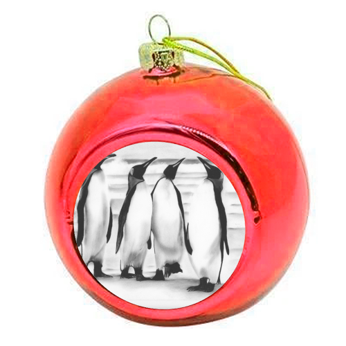 Planespotting Penguins - colourful christmas bauble by LIBRA FINE ARTS
