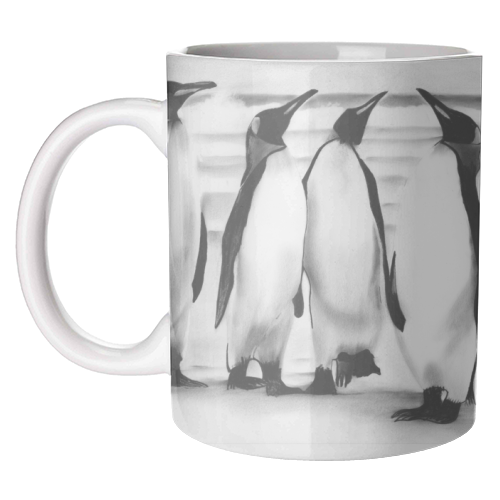 Planespotting Penguins - unique mug by LIBRA FINE ARTS