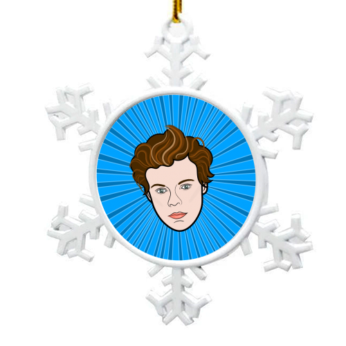 Harry Styles Portrait (blue burst) - snowflake decoration by Adam Regester