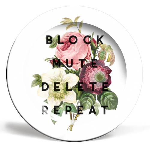 Block Mute Delete Repeat - ceramic dinner plate by The 13 Prints