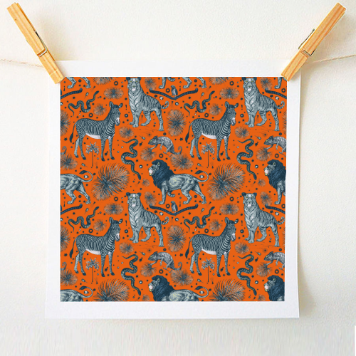 Exotic Jungle Animal Print - Lions, Zebras & Tigers in Orange - A1 - A4 art print by Wallace Elizabeth