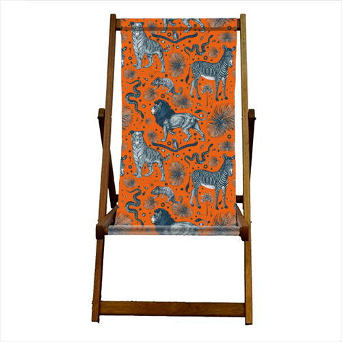 Exotic Jungle Animal Print - Lions, Zebras & Tigers in Orange - canvas deck chair by Wallace Elizabeth