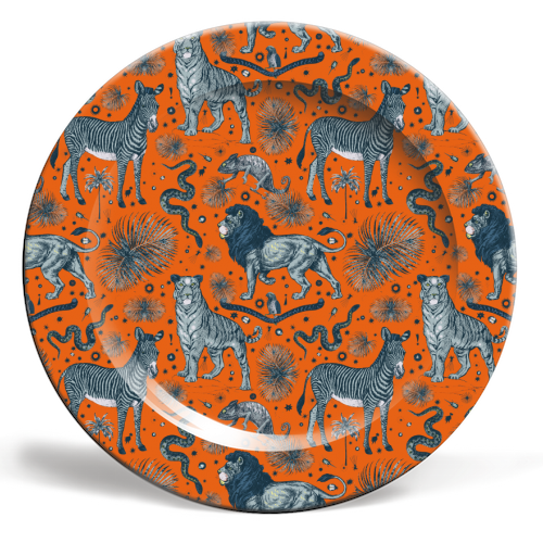 Exotic Jungle Animal Print - Lions, Zebras & Tigers in Orange - ceramic dinner plate by Wallace Elizabeth