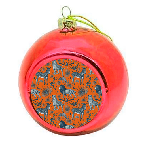 Exotic Jungle Animal Print - Lions, Zebras & Tigers in Orange - colourful christmas bauble by Wallace Elizabeth