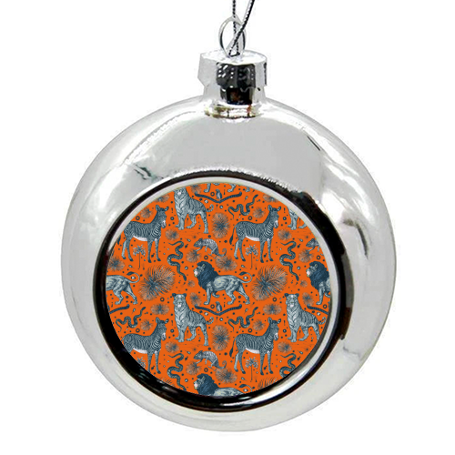 Exotic Jungle Animal Print - Lions, Zebras & Tigers in Orange - colourful christmas bauble by Wallace Elizabeth