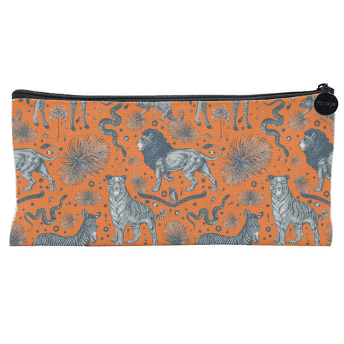 Exotic Jungle Animal Print - Lions, Zebras & Tigers in Orange - flat pencil case by Wallace Elizabeth