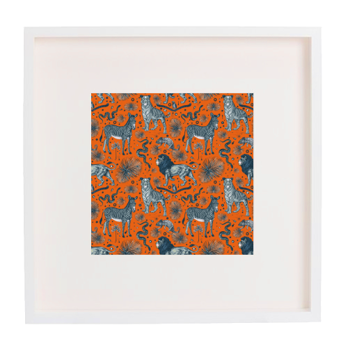 Exotic Jungle Animal Print - Lions, Zebras & Tigers in Orange - framed poster print by Wallace Elizabeth