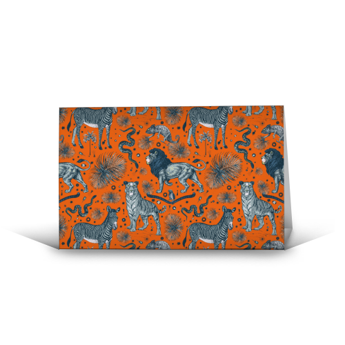 Exotic Jungle Animal Print - Lions, Zebras & Tigers in Orange - funny greeting card by Wallace Elizabeth