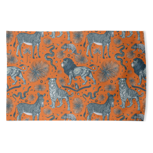 Exotic Jungle Animal Print - Lions, Zebras & Tigers in Orange - funny tea towel by Wallace Elizabeth