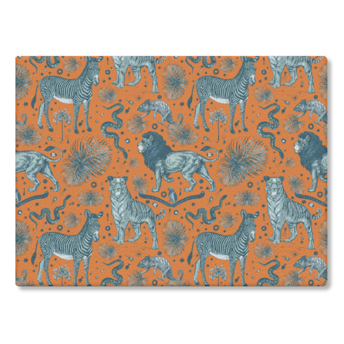 Exotic Jungle Animal Print - Lions, Zebras & Tigers in Orange - glass chopping board by Wallace Elizabeth