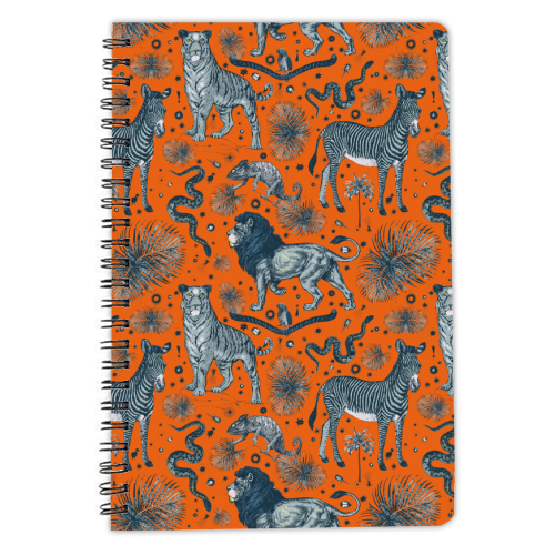 Exotic Jungle Animal Print - Lions, Zebras & Tigers in Orange - personalised A4, A5, A6 notebook by Wallace Elizabeth