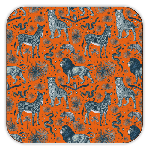 Exotic Jungle Animal Print - Lions, Zebras & Tigers in Orange - personalised beer coaster by Wallace Elizabeth