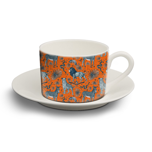 Exotic Jungle Animal Print - Lions, Zebras & Tigers in Orange - personalised cup and saucer by Wallace Elizabeth