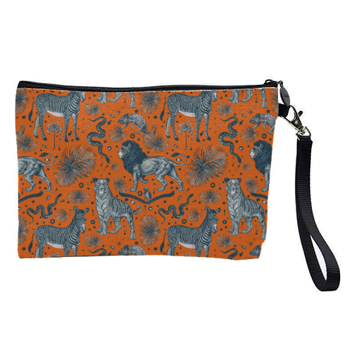 Exotic Jungle Animal Print - Lions, Zebras & Tigers in Orange - pretty makeup bag by Wallace Elizabeth
