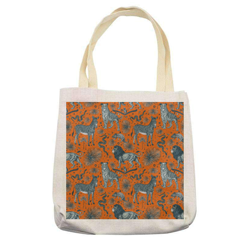 Exotic Jungle Animal Print - Lions, Zebras & Tigers in Orange - printed tote bag by Wallace Elizabeth