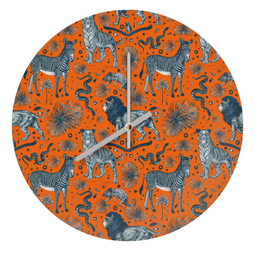 Exotic Jungle Animal Print - Lions, Zebras & Tigers in Orange - quirky wall clock by Wallace Elizabeth