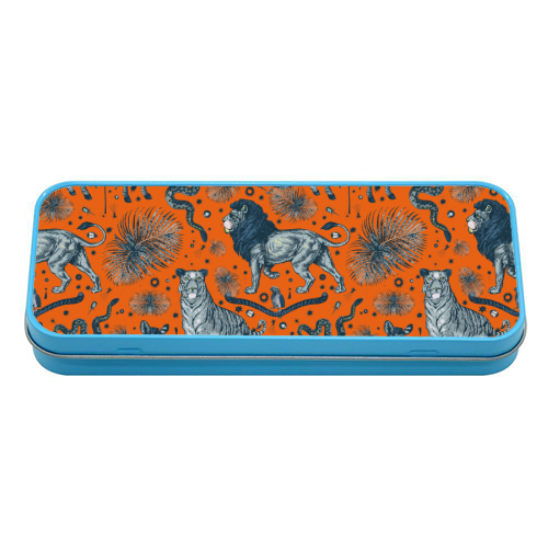 Exotic Jungle Animal Print - Lions, Zebras & Tigers in Orange - tin pencil case by Wallace Elizabeth