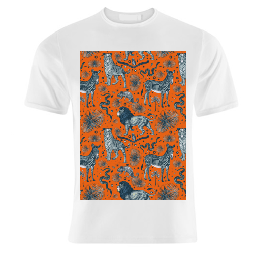 Exotic Jungle Animal Print - Lions, Zebras & Tigers in Orange - unique t shirt by Wallace Elizabeth