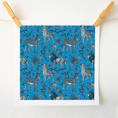Exotic Jungle Animal Print, Blue & Grey - A1 - A4 art print by Wallace Elizabeth