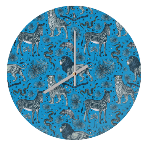 Exotic Jungle Animal Print, Blue & Grey - quirky wall clock by Wallace Elizabeth