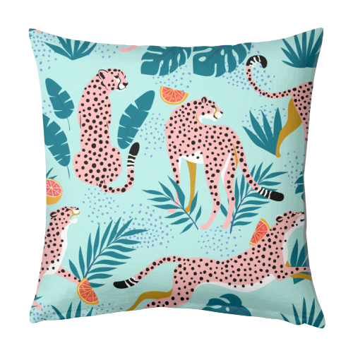 Cheetahs In The Grapefruit Grove - designed cushion by Uma Prabhakar Gokhale