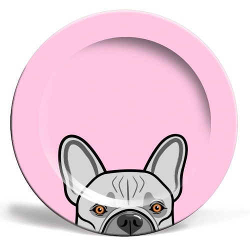Peek-a-boo French Bulldog (pink) - ceramic dinner plate by Adam Regester