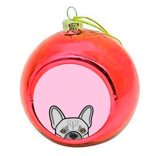 Peek-a-boo French Bulldog (pink) - colourful christmas bauble by Adam Regester