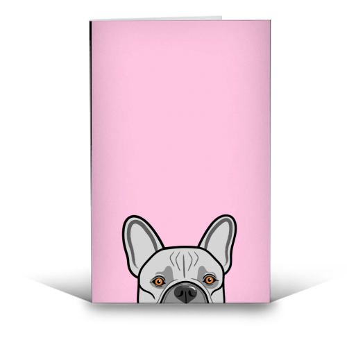 Peek-a-boo French Bulldog (pink) - funny greeting card by Adam Regester