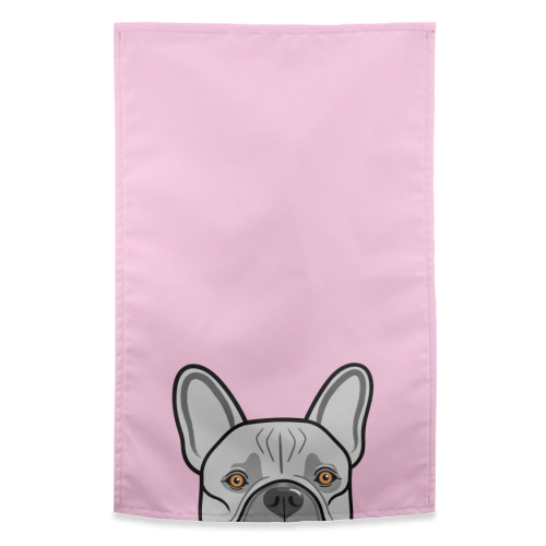Peek-a-boo French Bulldog (pink) - funny tea towel by Adam Regester