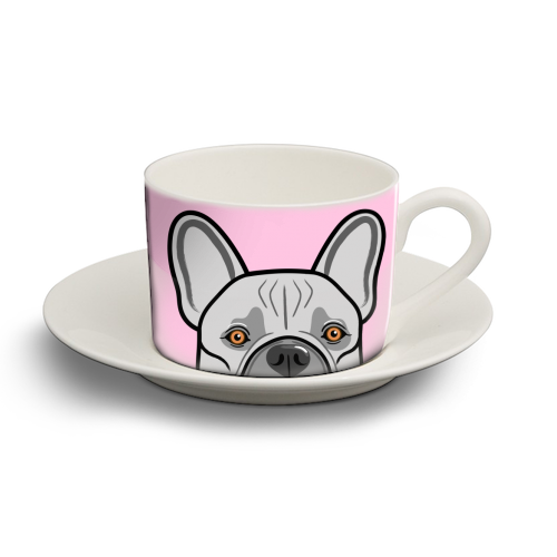 Peek-a-boo French Bulldog (pink) - personalised cup and saucer by Adam Regester