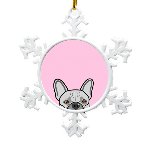 Peek-a-boo French Bulldog (pink) - snowflake decoration by Adam Regester