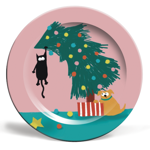 Naughty Cat on the tree - ceramic dinner plate by Giddy Kipper