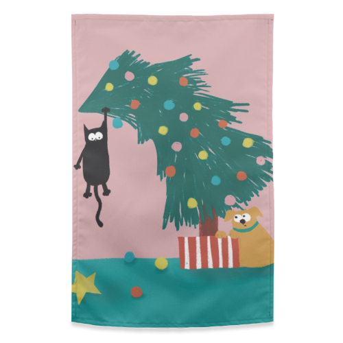 Naughty Cat on the tree - funny tea towel by Giddy Kipper