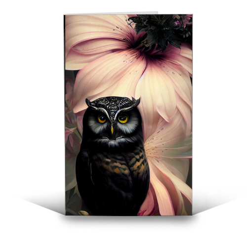 Black owl and pink flower - funny greeting card by haris kavalla