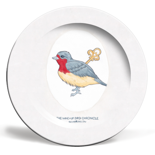 Haruki Murakami's The Wind-Up BIrd Chronicle // Illustration of a Bird with a Wind-up Key in Pencil  - ceramic dinner plate by A Rose Cast - Karen Murray