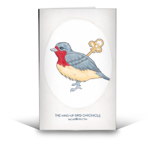 Haruki Murakami's The Wind-Up BIrd Chronicle // Illustration of a Bird with a Wind-up Key in Pencil  - funny greeting card by A Rose Cast - Karen Murray