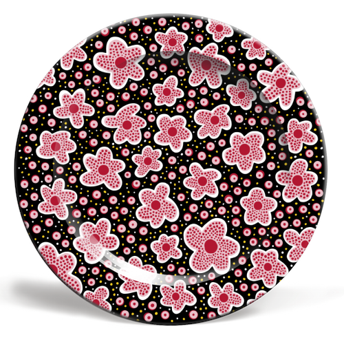 Pink Star Flowers in Space - ceramic dinner plate by Si Gross