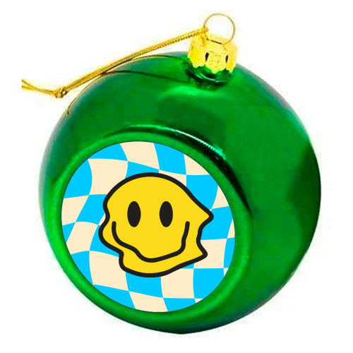 Blue Wavy Smiley Bold Graphic Design Gen Z Y2K Giftware - colourful christmas bauble by AbiGoLucky