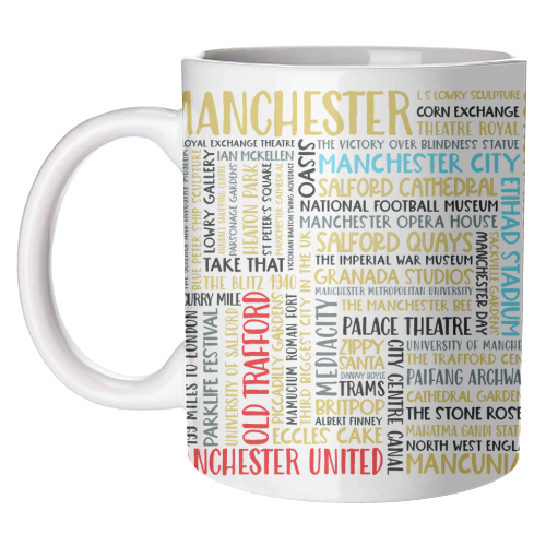 Manchester Square Design Using The Colours Of The Two Football Teams - unique mug by All About Words Designs