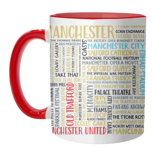 Manchester Square Design Using The Colours Of The Two Football Teams - unique mug by All About Words Designs