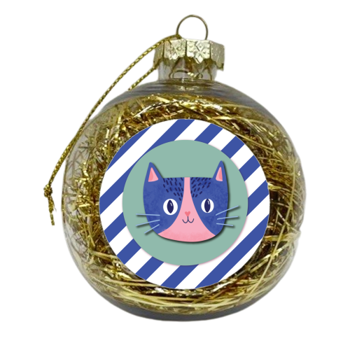 Blue Stripe Cute Cat - xmas bauble by Mad Philomena