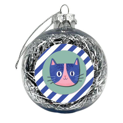 Blue Stripe Cute Cat - xmas bauble by Mad Philomena