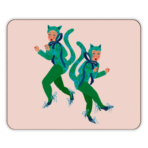 Cat Women Green Bows Catsuit - designer placemat by Steph Pryor