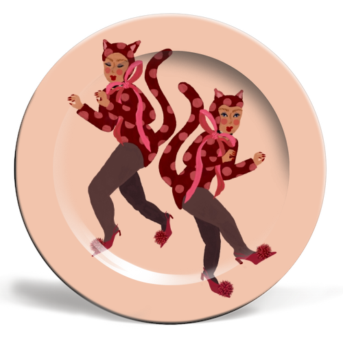 Cat Women - Blush Polka Catsuits - ceramic dinner plate by Steph Pryor