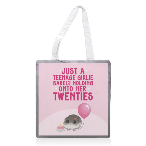 Just A Teenage Girlie Barely Holding Onto Her Twenties Funny Birthday - printed canvas tote bag by Sundiva Designs