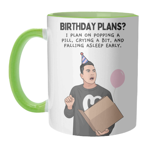 Birthday Plans? Crying And Sleeping Early Funny Introvert Quote - unique mug by Sundiva Designs