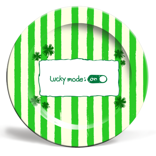 Lucky Mode On – Retro Green Stripes - ceramic dinner plate by EZbie