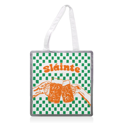 Sláinte Beer Retro Checkered Irish Pub - printed canvas tote bag by EZbie