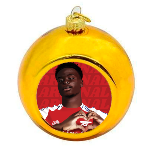 Arsenal Saka Red and White Emerates Gooners Giftware - colourful christmas bauble by AbiGoLucky