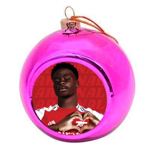 Arsenal Saka Red and White Emerates Gooners Giftware - colourful christmas bauble by AbiGoLucky